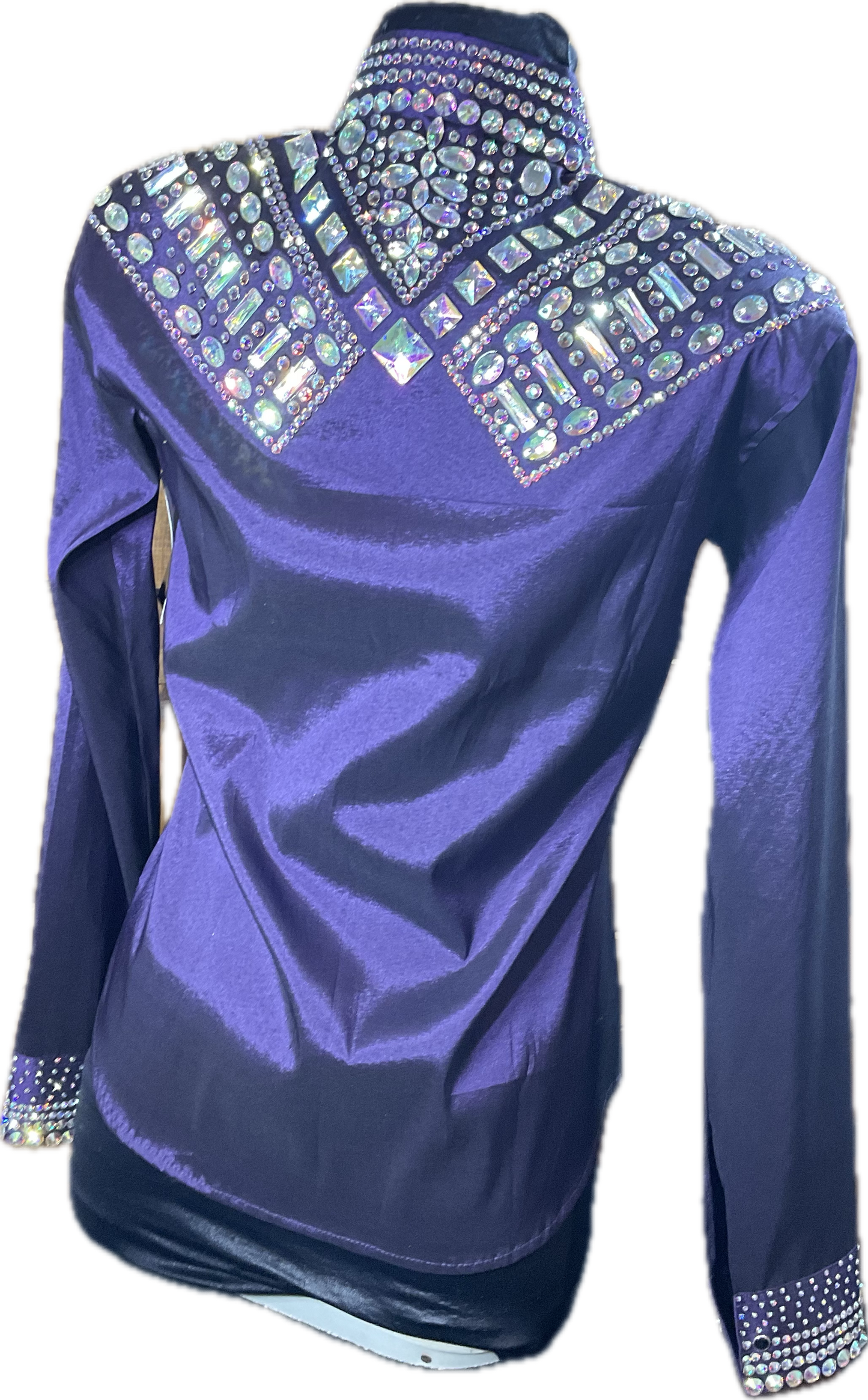 Size small purple stretch taffeta with amazing AB Crystal design