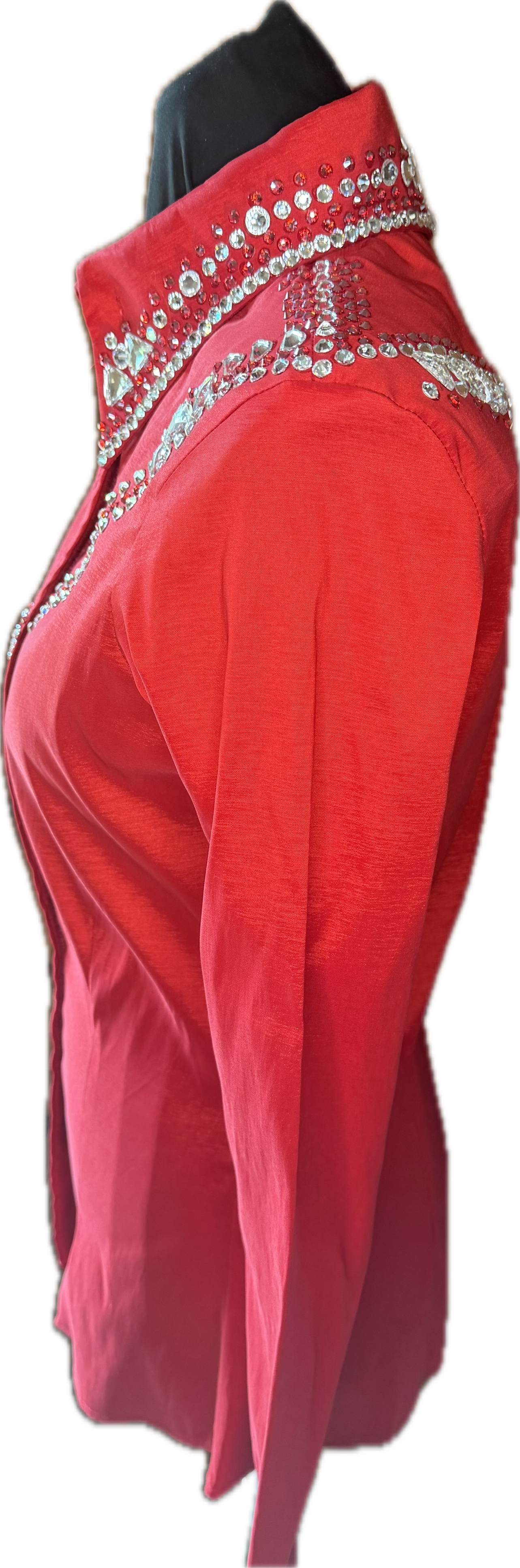 Size small day shirt Red Stretch Taffeta with Clear Retro Crystal Design