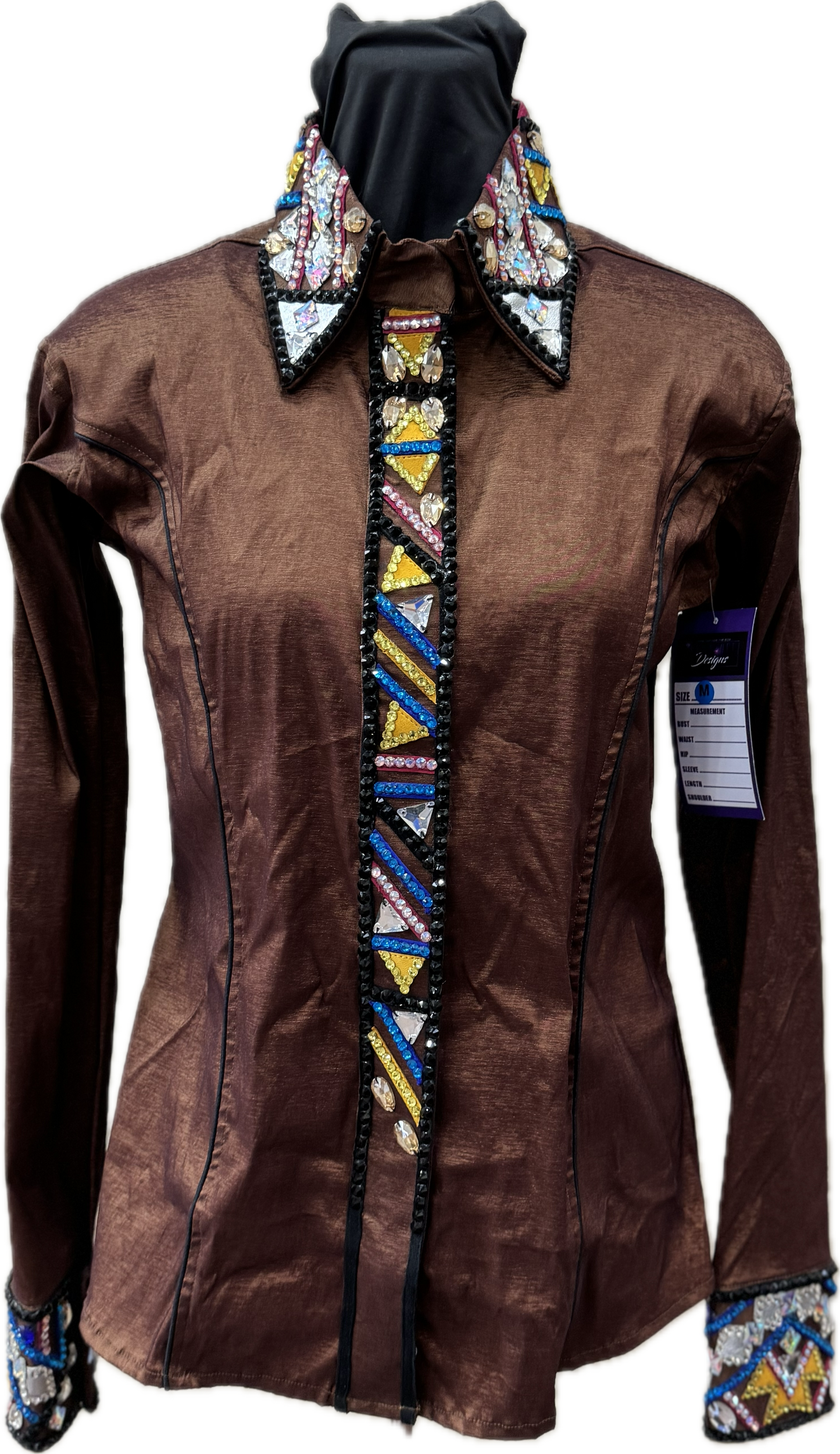 Size Medium Dark Copper stretch taffeta with black, pink, royal and yellow accents