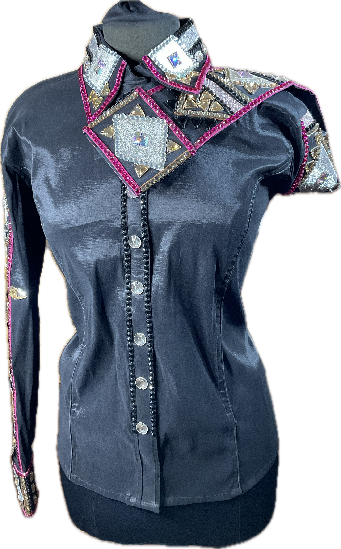 XL Day Shirt Black stretch taffeta with pink, silver and gold