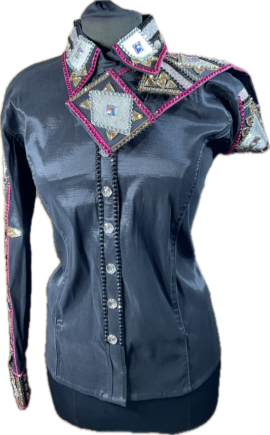 XL Day Shirt Black stretch taffeta with pink, silver and gold