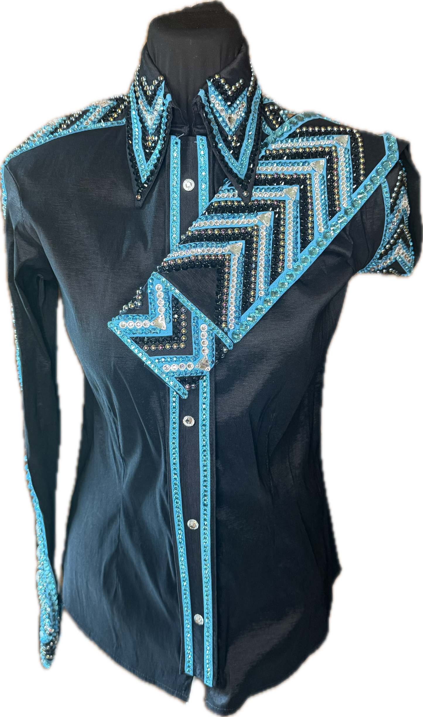 Size Small Black Stretch Taffeta With Aqua Blue and Clear Crystals