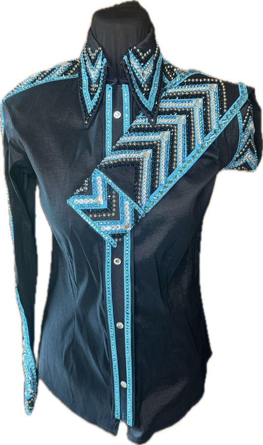 Size Small Black Stretch Taffeta With Aqua Blue and Clear Crystals