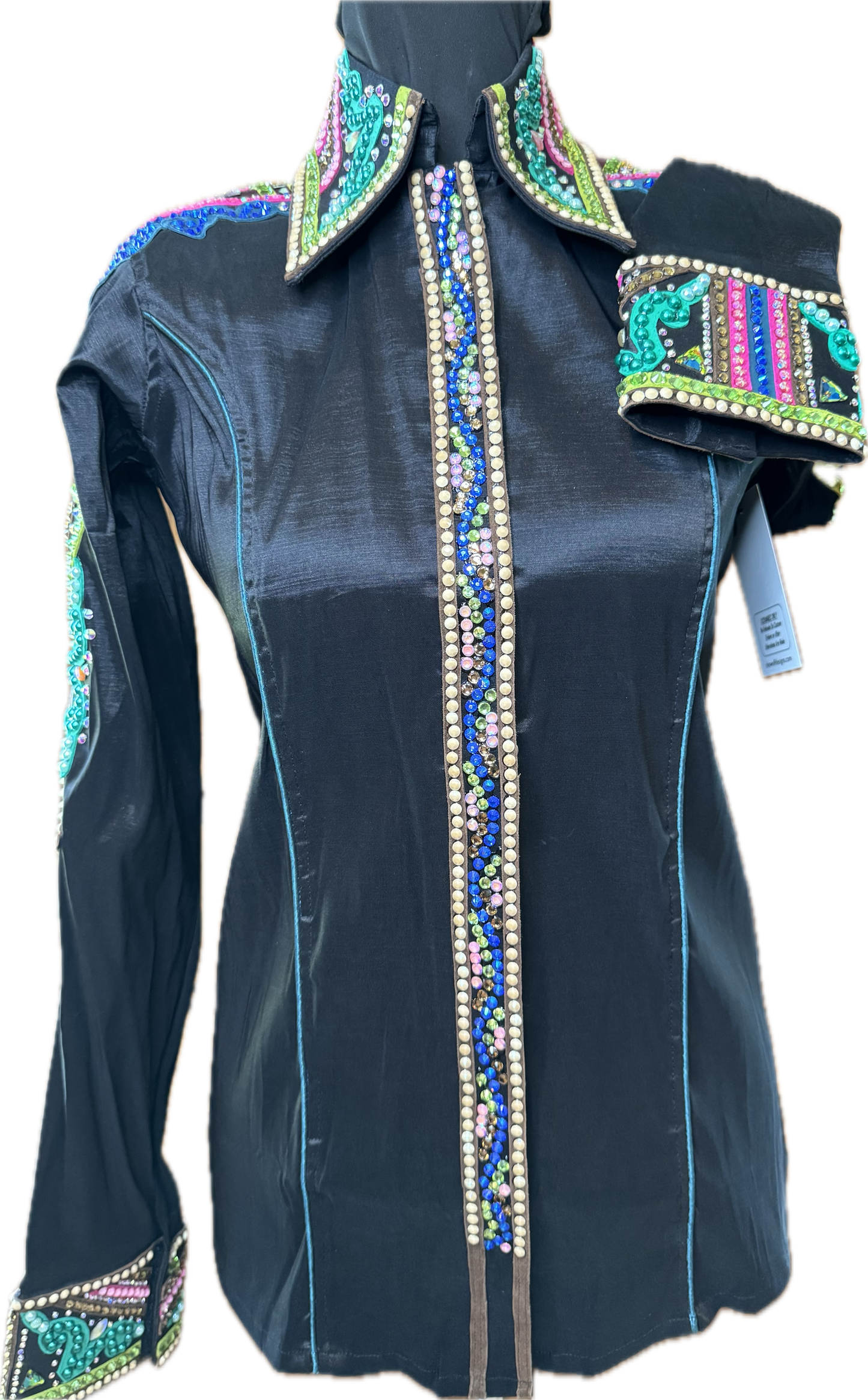 Small Black Stretch Taffeta with light green, dark green, brown with Blue Accents