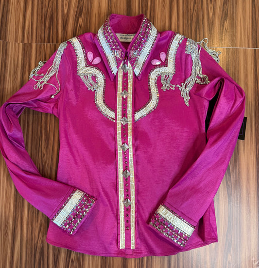 Kids 12  Fuchsia Stretch Taffeta with Retro Design and Rhinestone Fringe