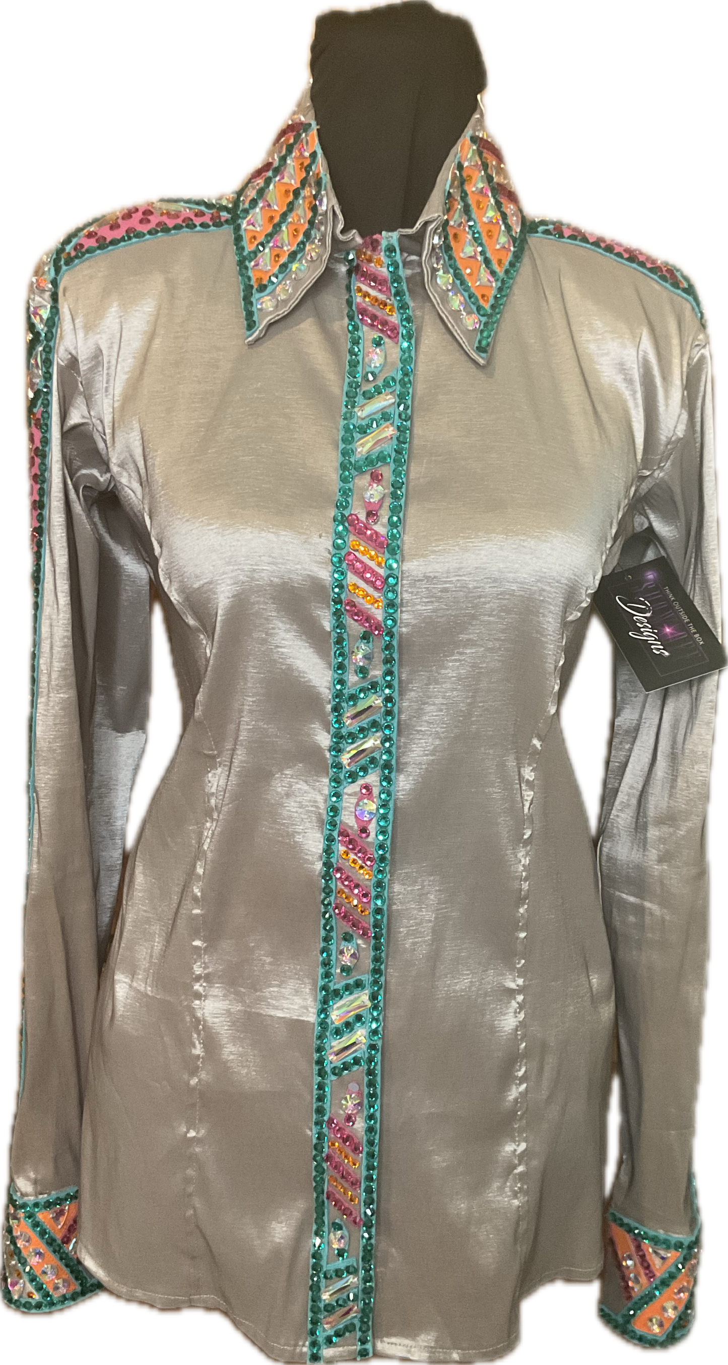 Size Medium Silver Stretch Taffeta Day Shirt with Aqua, Pink, and Orange