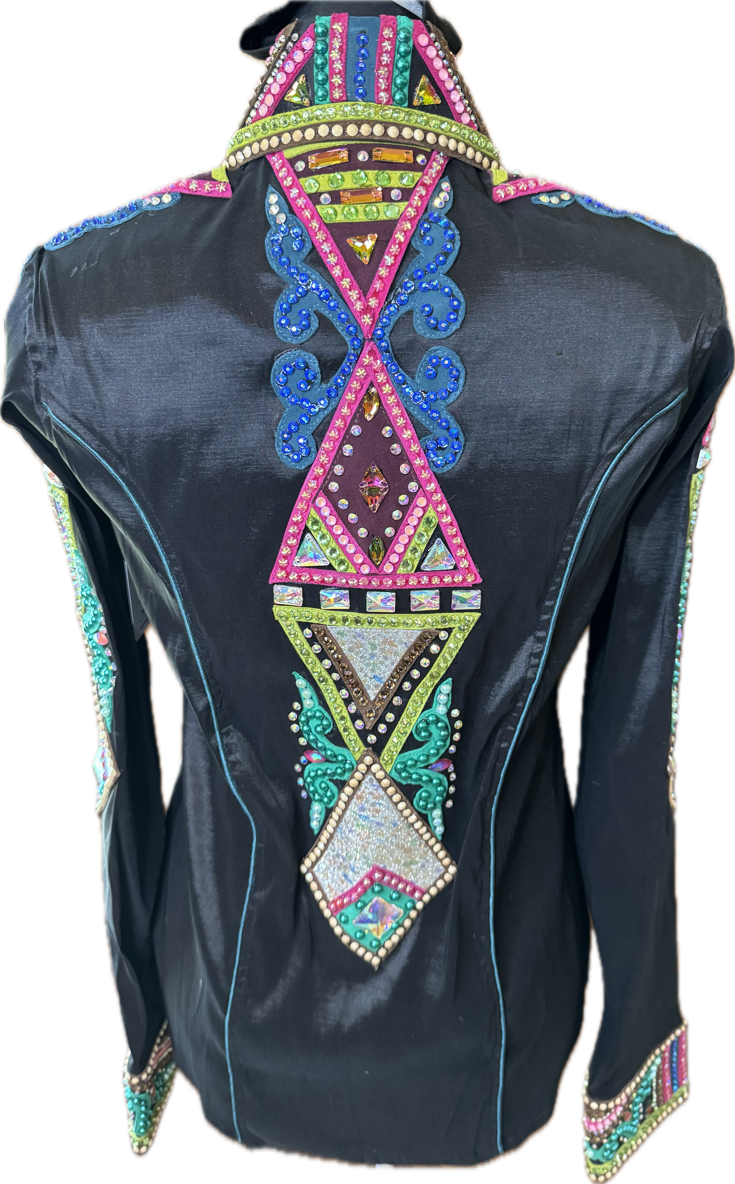 Small Black Stretch Taffeta with light green, dark green, brown with Blue Accents