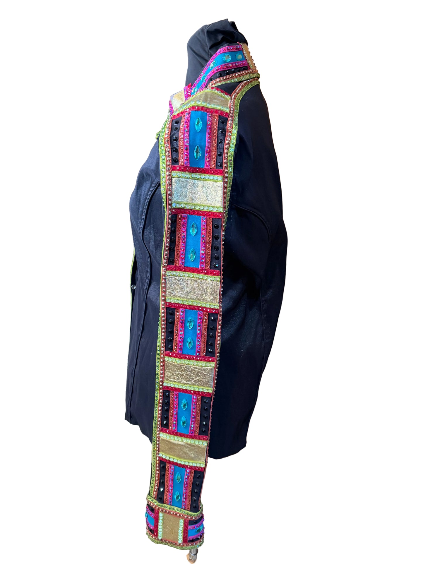 Large Black Stretch Taffeta with Pink, Gold and Turquoise