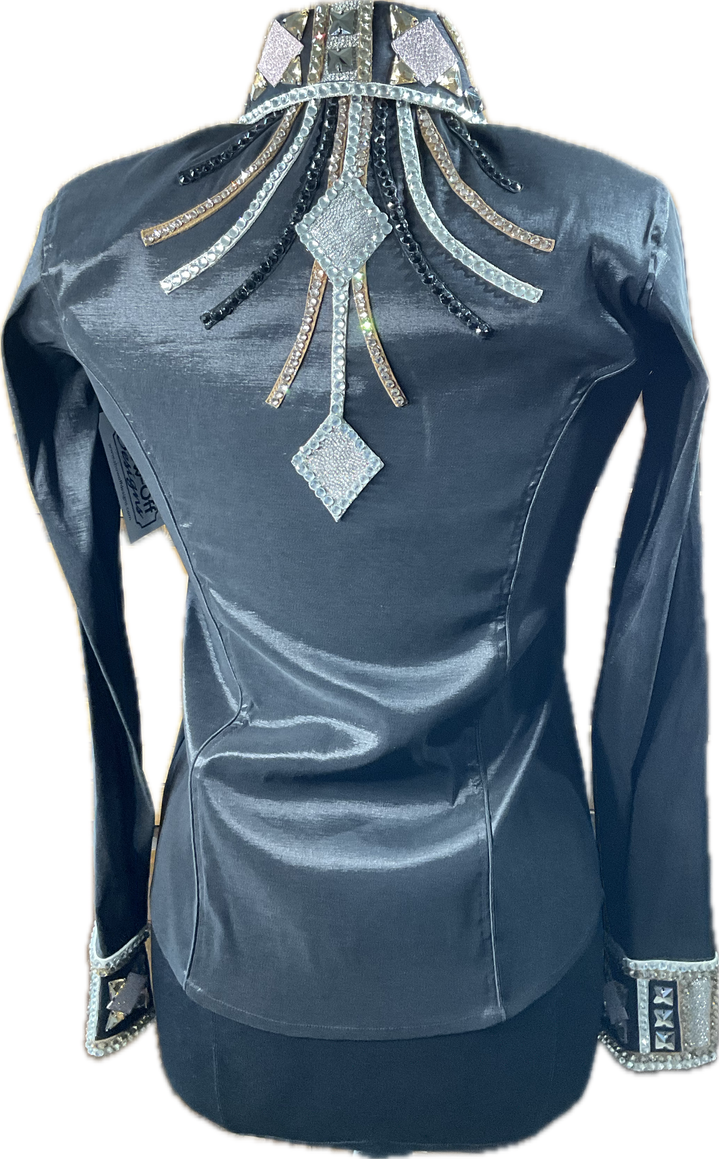 Small black stretch taffeta day shirt with gold and silver accents