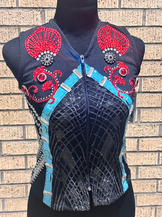 Extra Small Black vest with turquoise, grey and red design