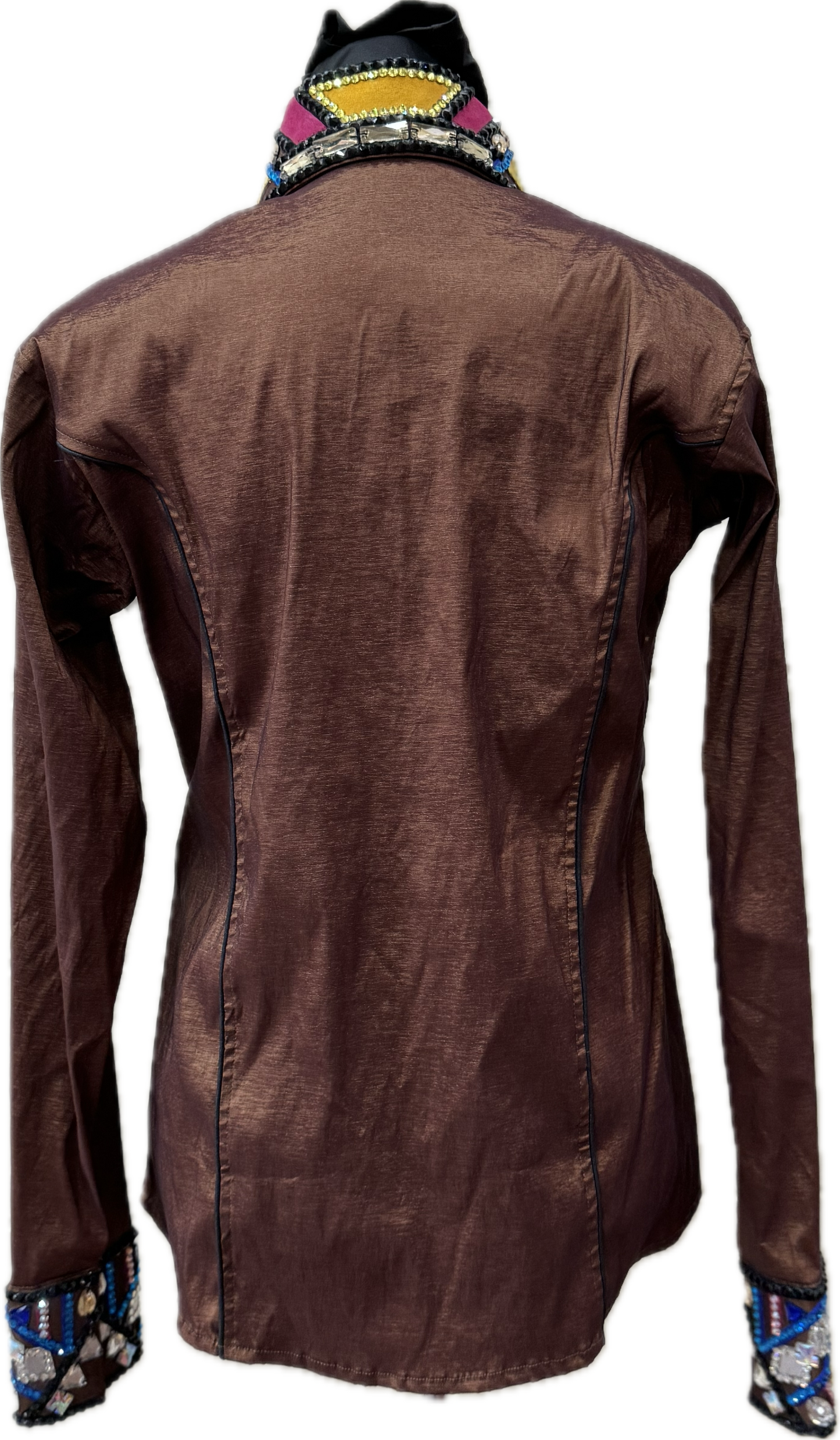 Size Medium Dark Copper stretch taffeta with black, pink, royal and yellow accents