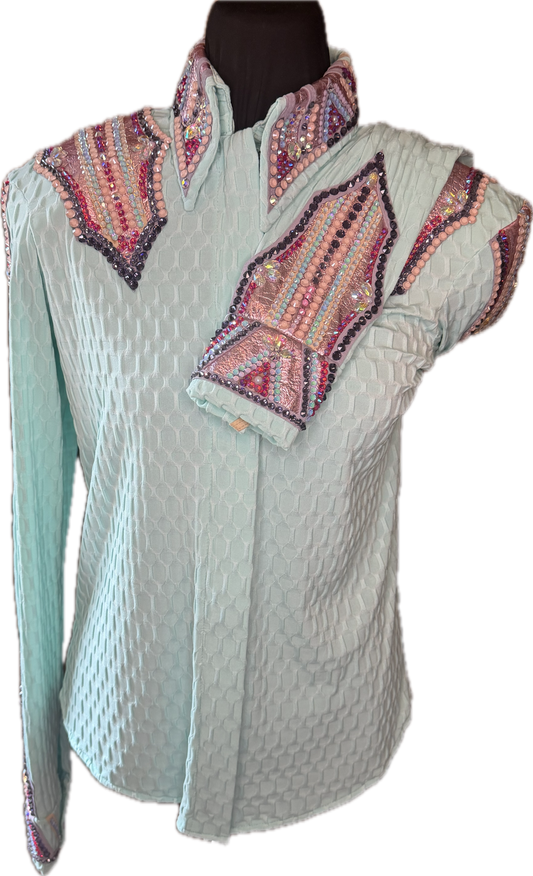 Size small day shirt Mint Green Textured Fabric with Pink. Stretch!