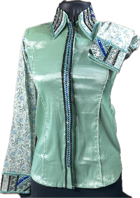 XS mint green stretch taffeta with printed sleeves and royal blue, mint and black accents