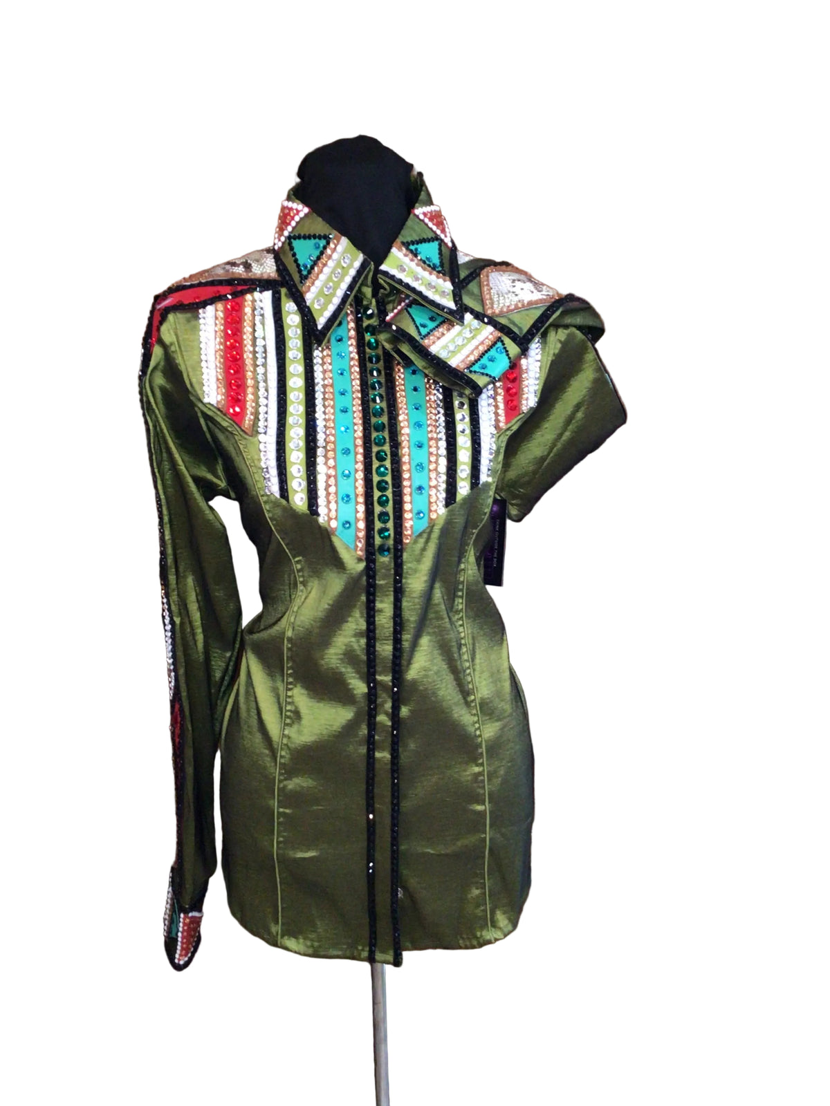 XL Green Stretch Taffeta Day Shirt with Multicolored Shoulder and Arm Detail