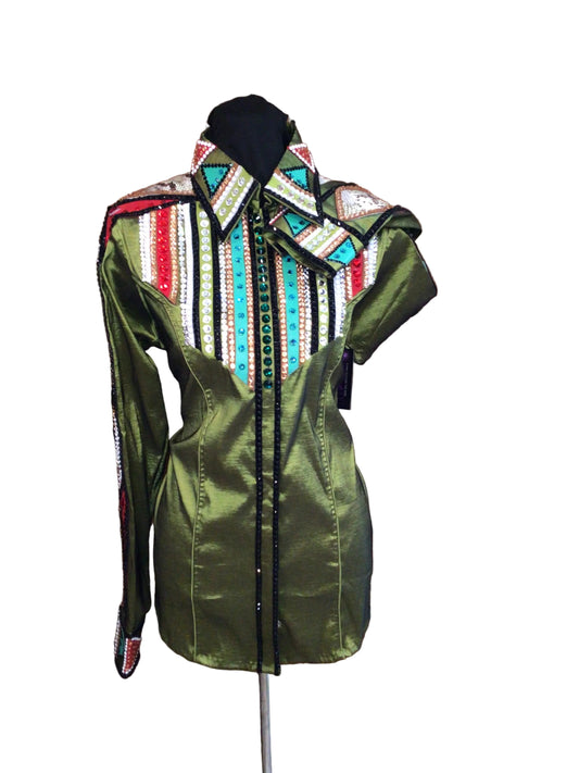 XL Green Stretch Taffeta Day Shirt with Multicolored Shoulder and Arm Detail