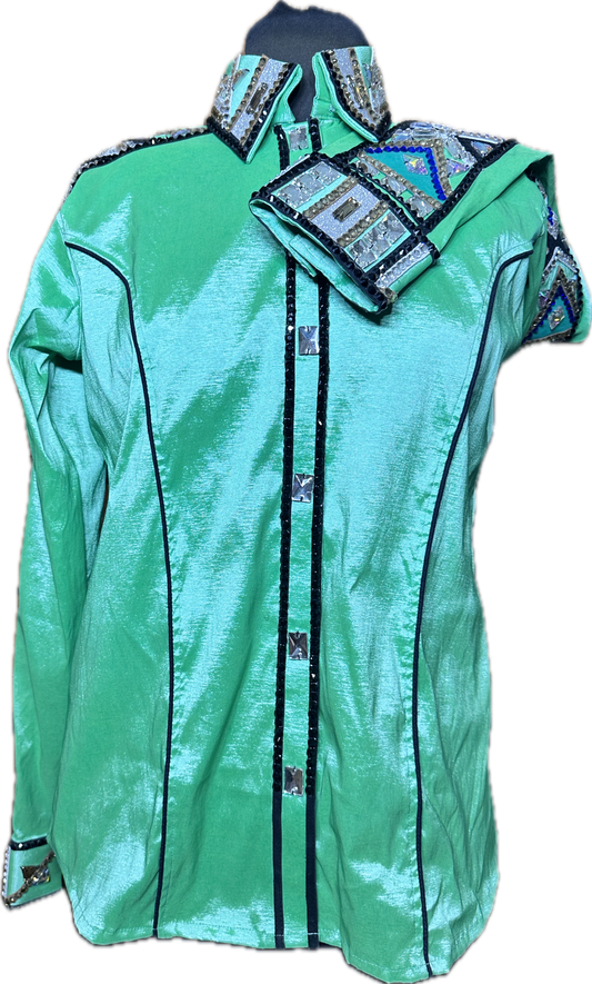 Size Large Apple Green Stretch Taffeta with Black, Gold and Royal Blue