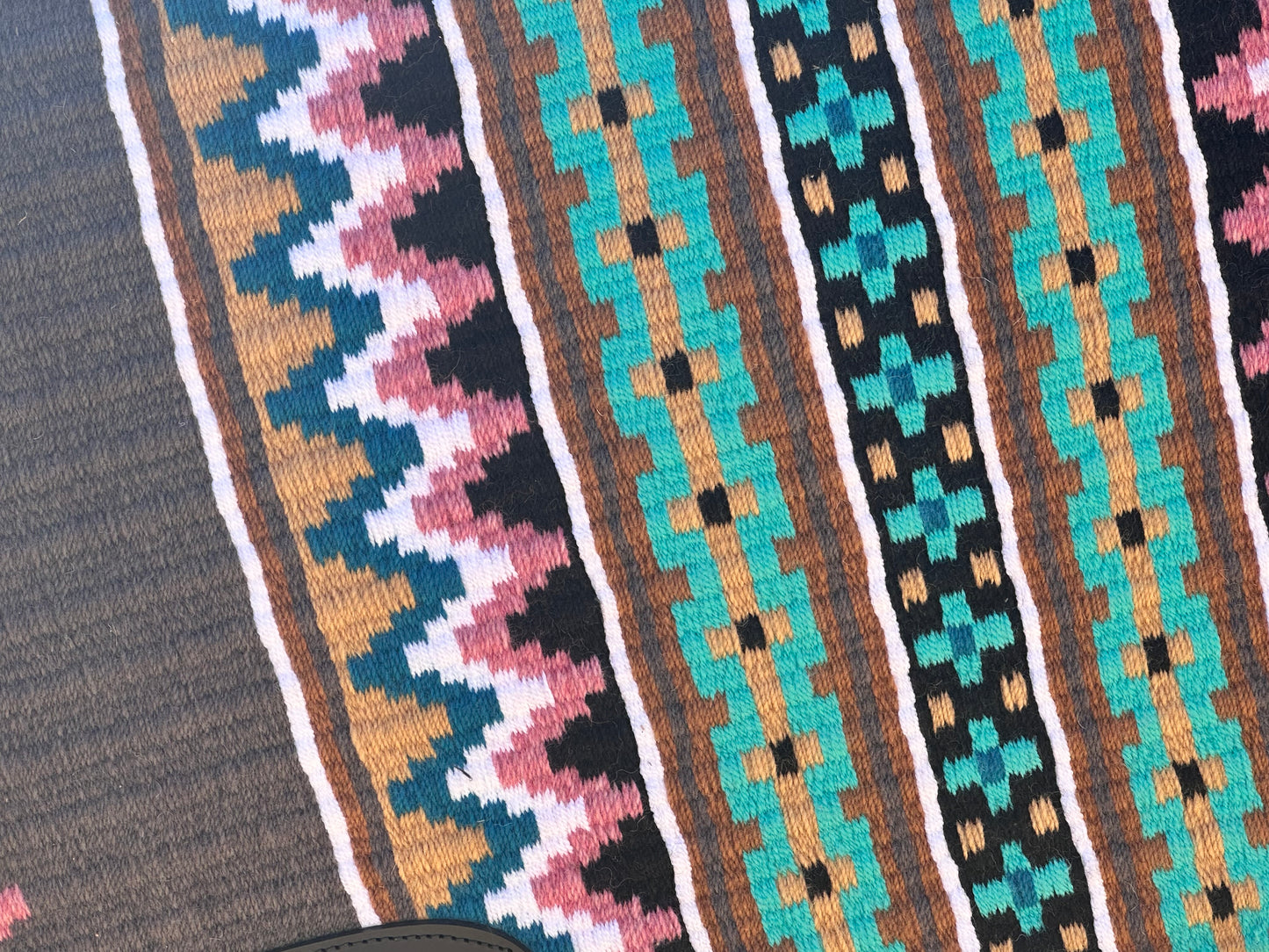 B125 Oversized Saddle Blanket charcoal, black, bright mint, soft pink, indian tan, sheep skin and turquoise