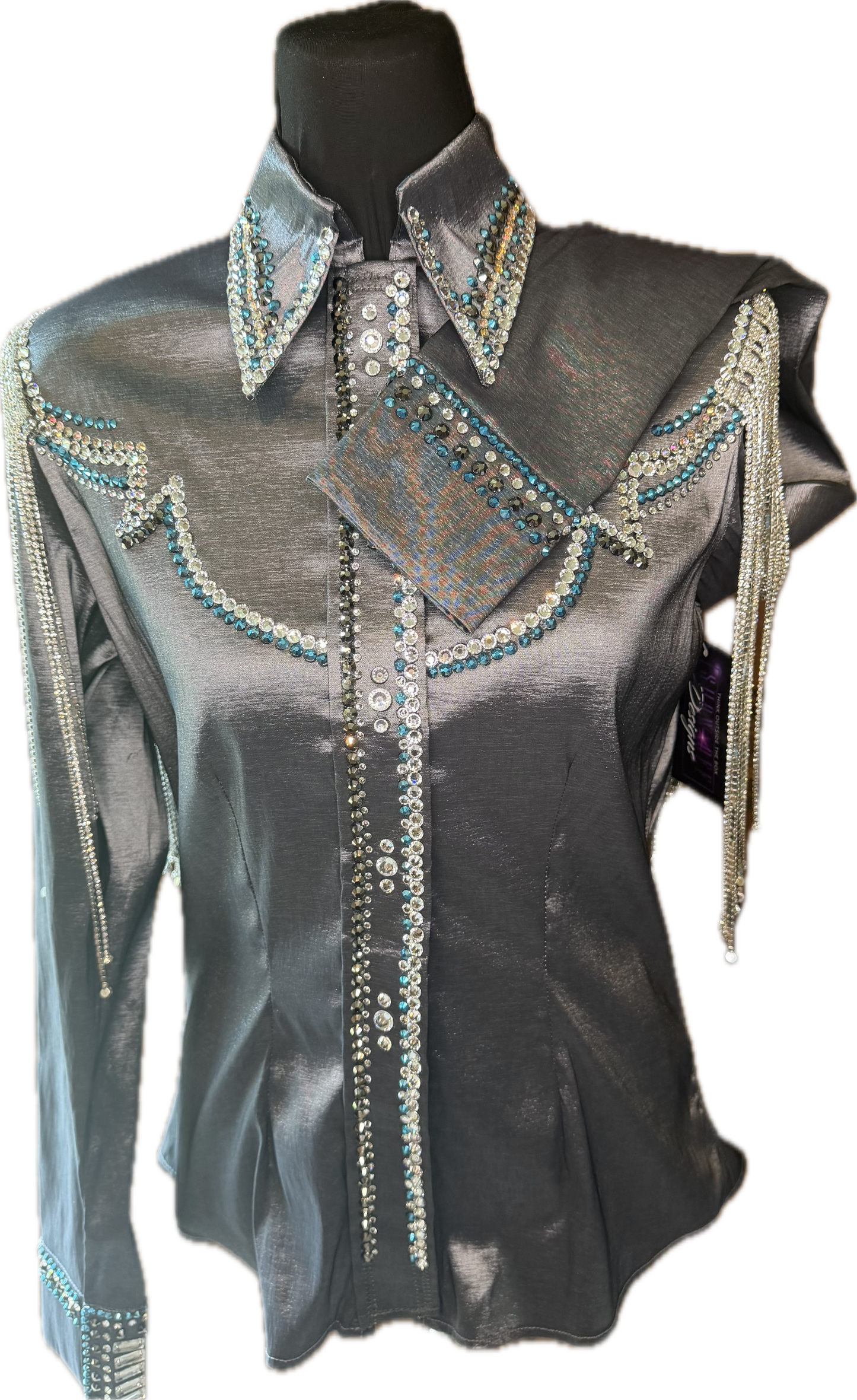 Size Medium Charcoal Stretch Taffeta Day Shirt with Crystal Fringe and Retro Design