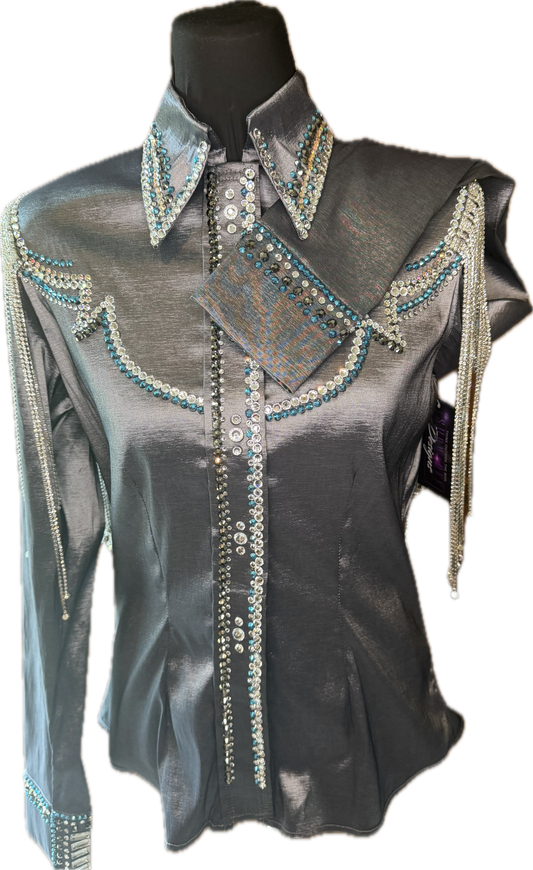 Size Medium Charcoal Stretch Taffeta Day Shirt with Crystal Fringe and Retro Design