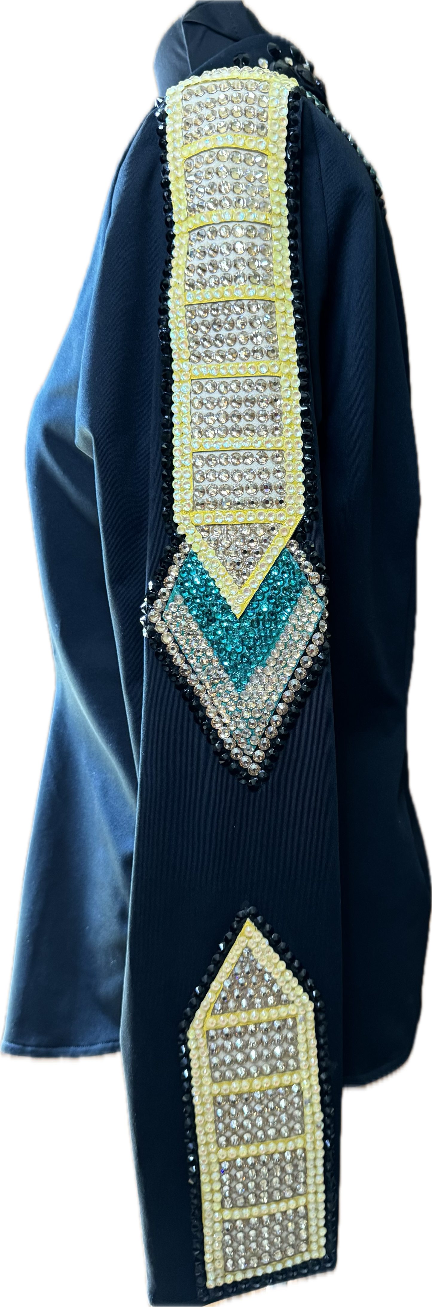 Size Large black stretch day shirt with yellow and teal