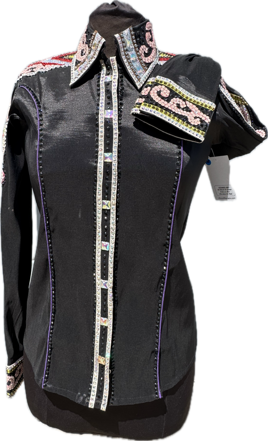 Size medium Black Stretch Taffeta with Pink, Red, White, Copper