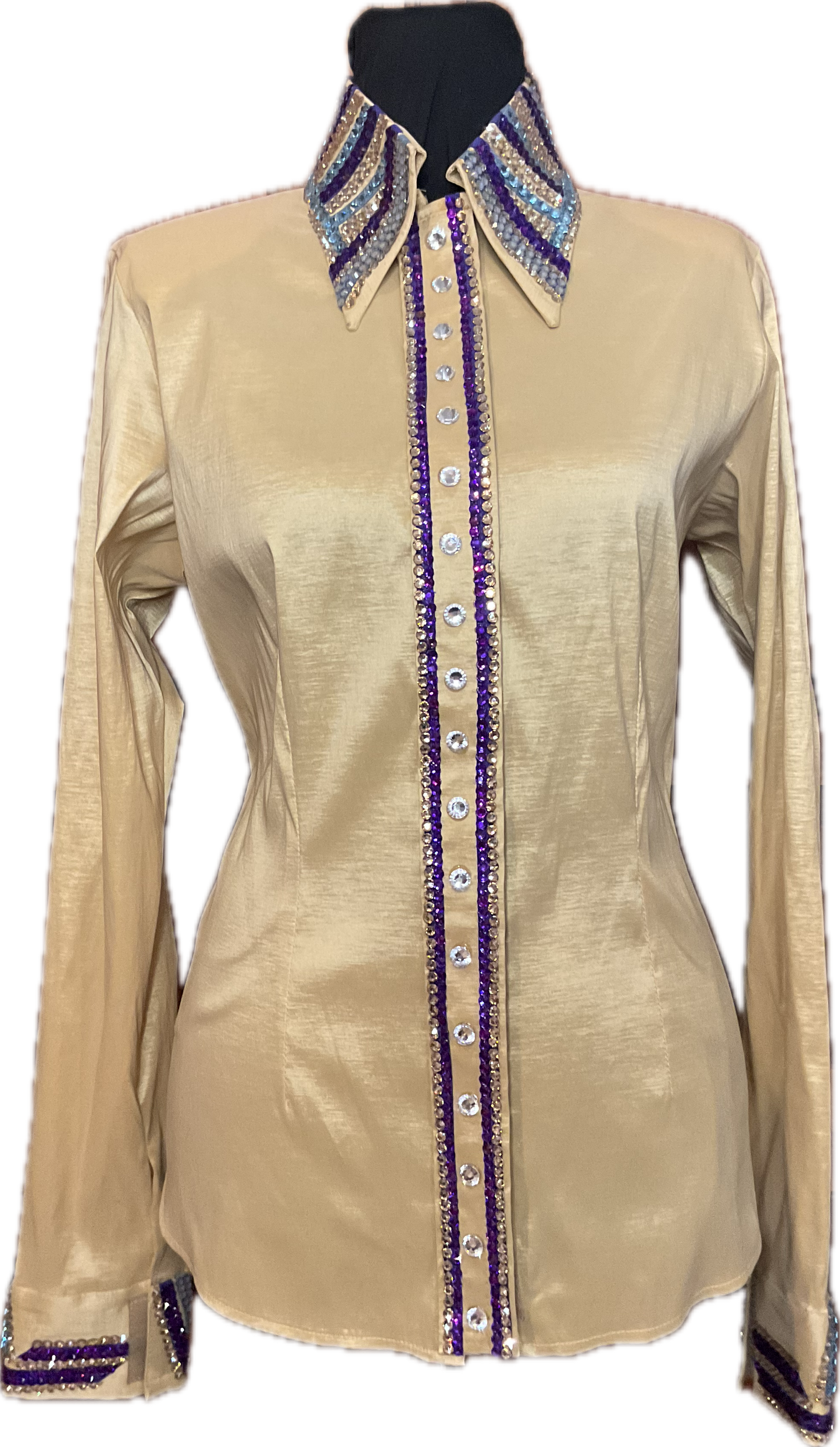 Size Medium Gold Stretch Taffeta Day Shirt with Aqua, Purple, and Silver