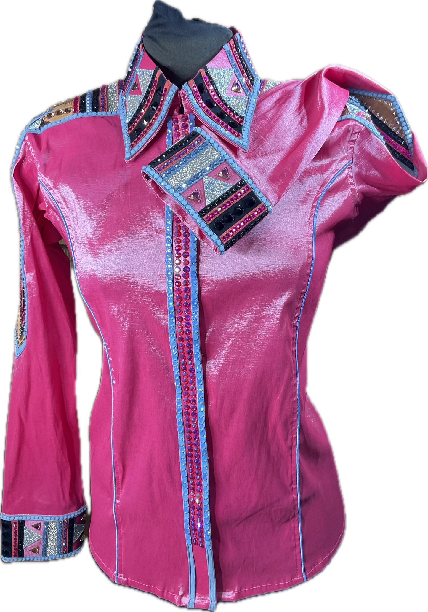 XXL bright coral/pink stretch taffeta day shirt with blue, pink, black and silver accents