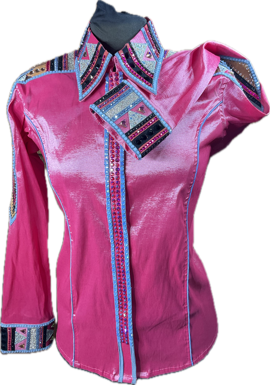 XXL bright coral/pink stretch taffeta day shirt with blue, pink, black and silver accents