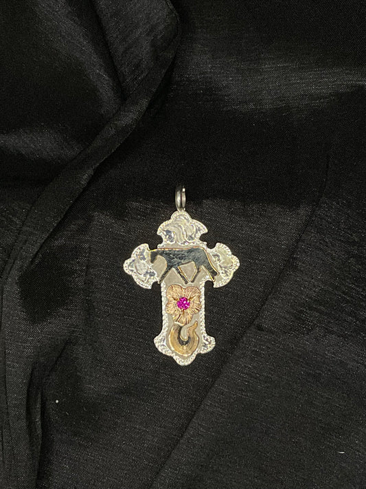 Silver By Wanda #1A P395 Western horse with gold floral design and red CZ stone on a gorgeous cross