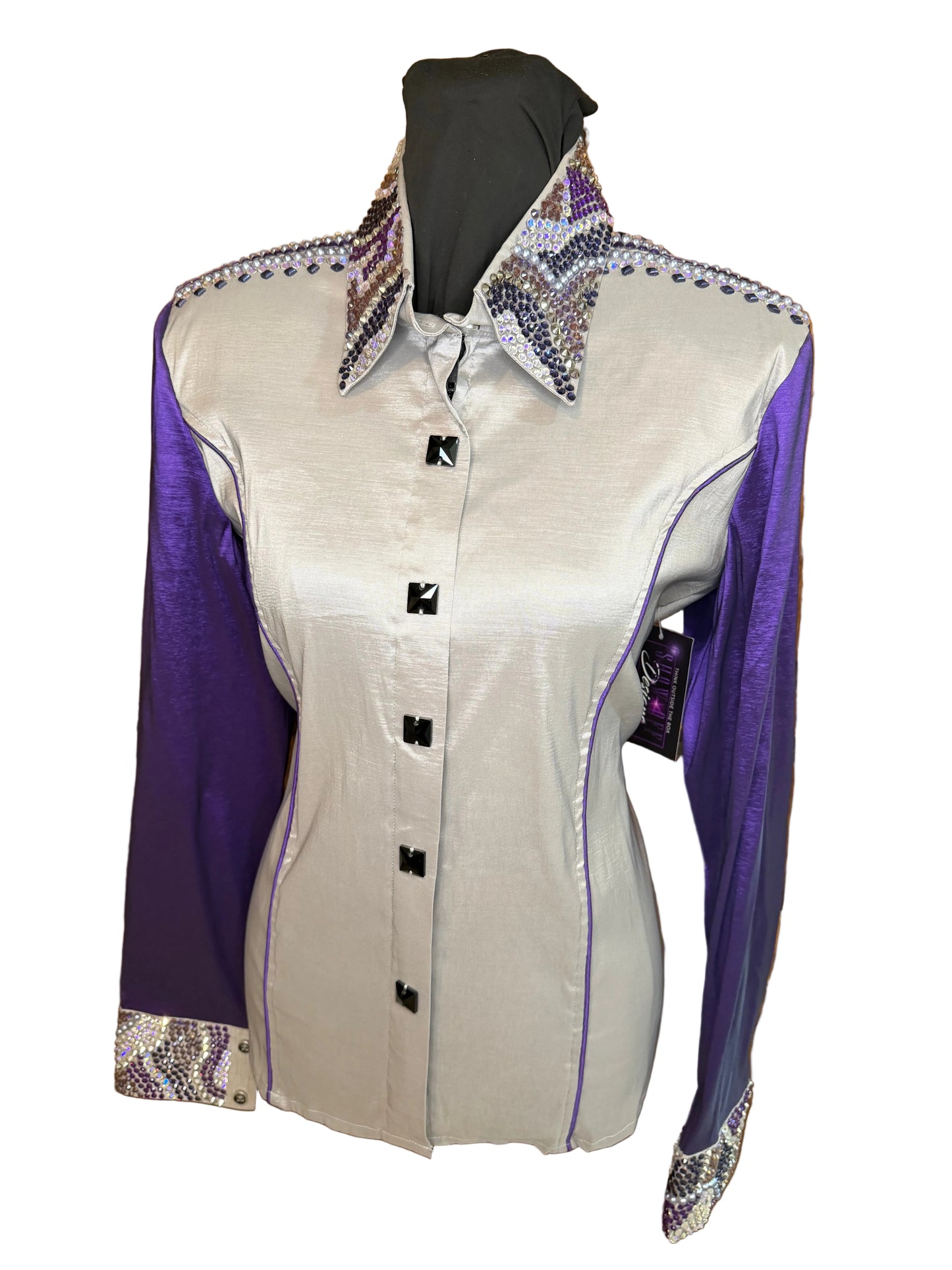 Large Grey Stretch Taffeta Day Shirt with Purple Sleeves