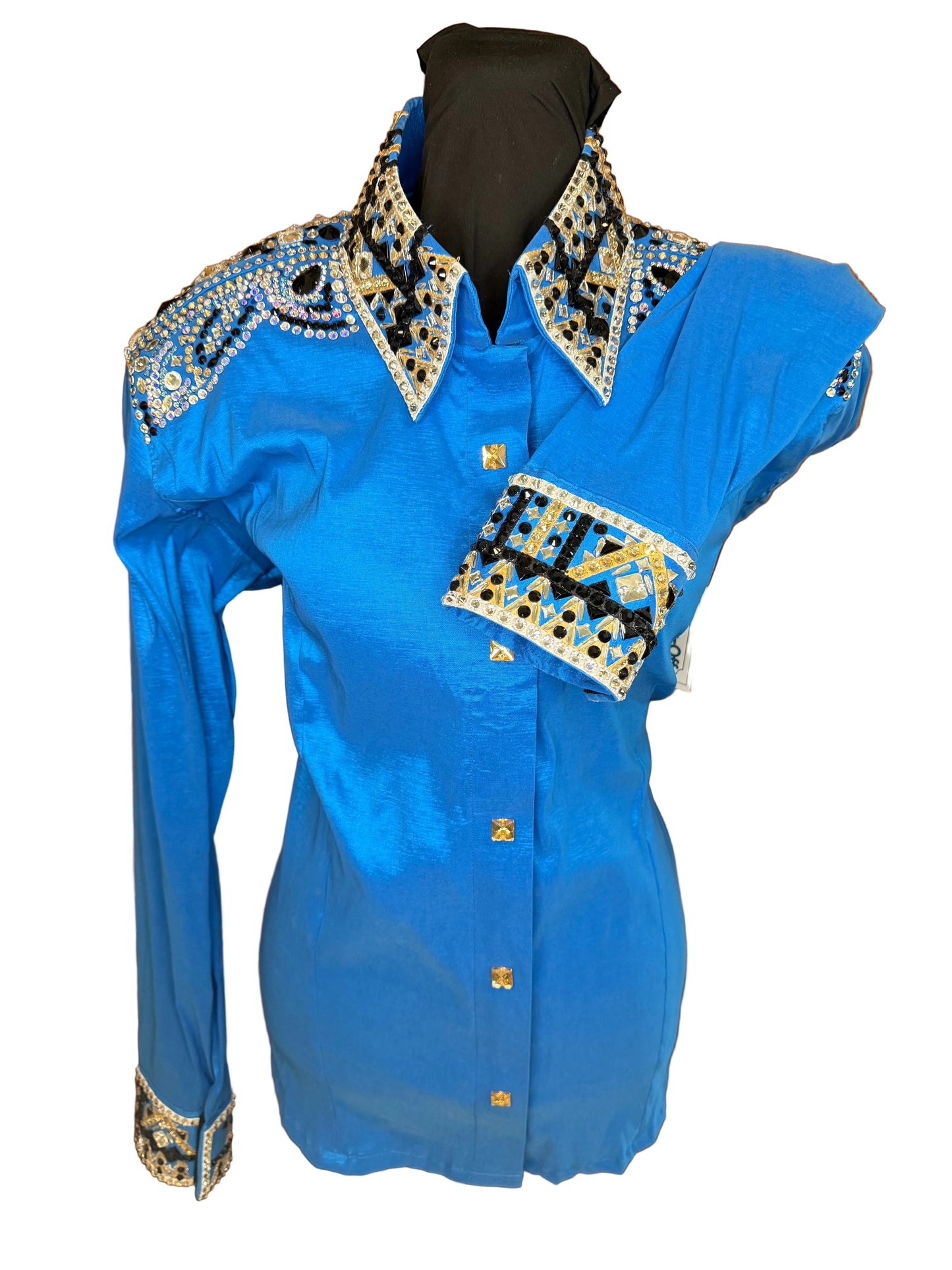 Large Blue Stretch Taffeta Day Shirt with Shoulder, Collar and Cuff Accents