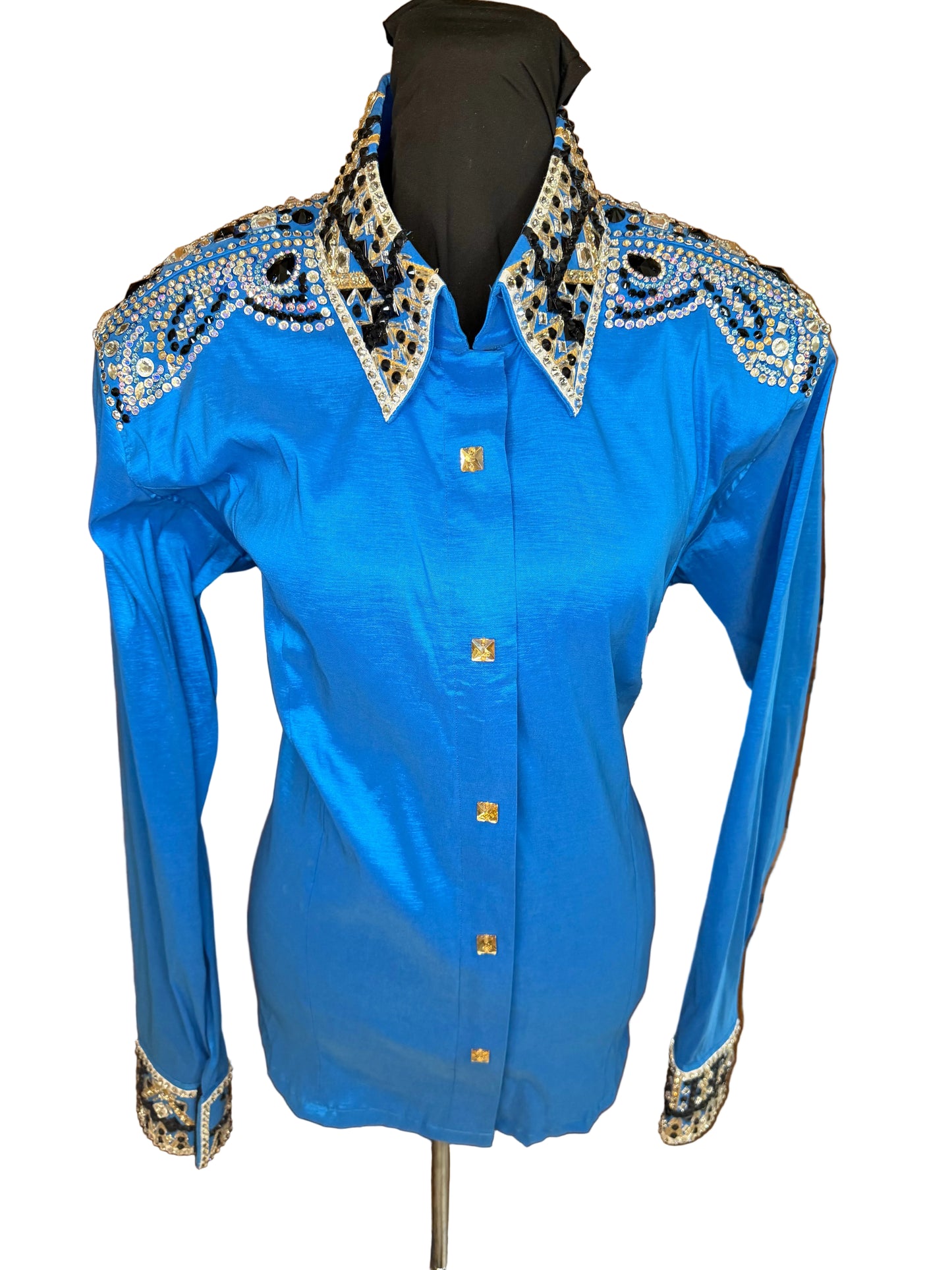 Large Blue Stretch Taffeta Day Shirt with Shoulder, Collar and Cuff Accents