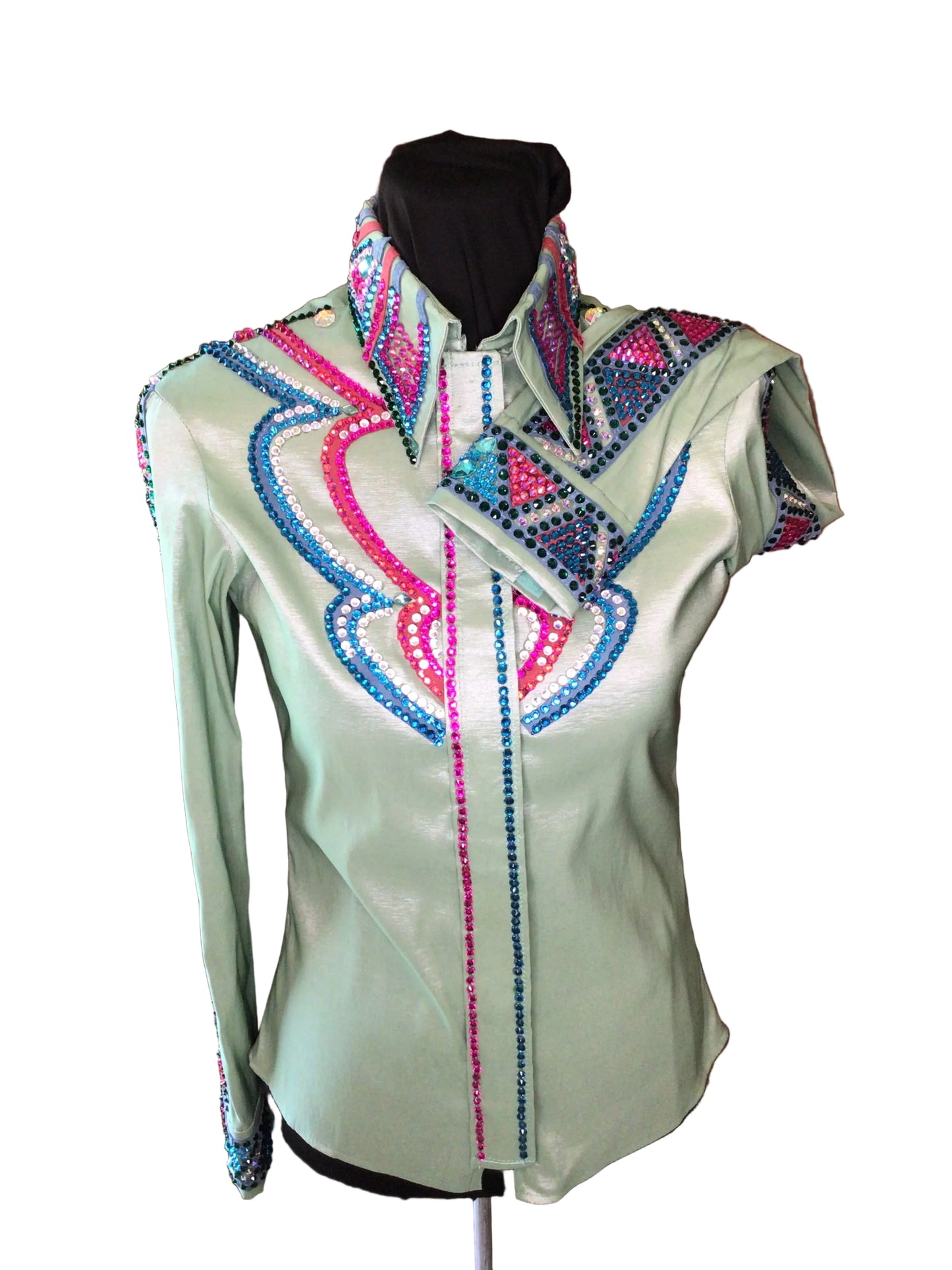 XS Sage Green Stretch Taffeta Day Shirt with Pink and Teal Crystals