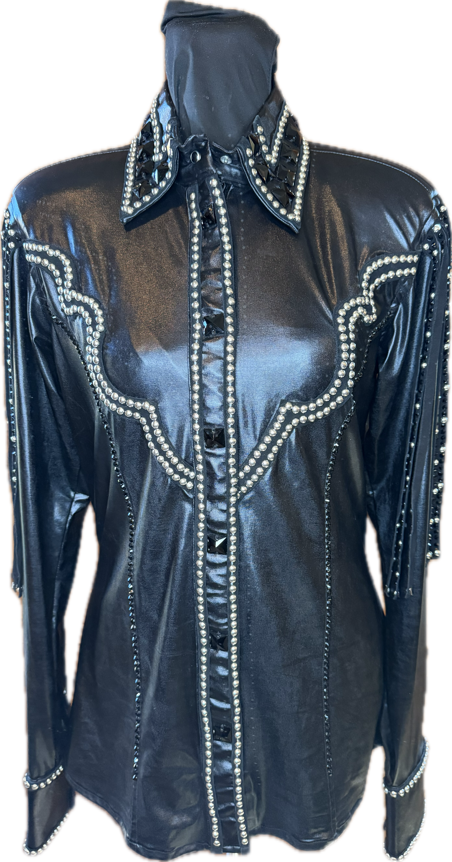 Medium Black Lycra Day Shirt with Shoulder Fringe with Silver and Black