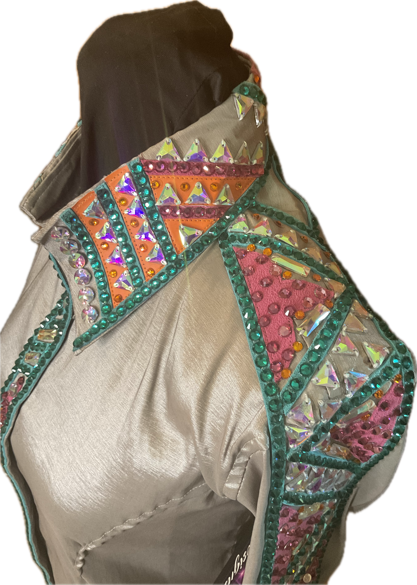 Size Medium Silver Stretch Taffeta Day Shirt with Aqua, Pink, and Orange