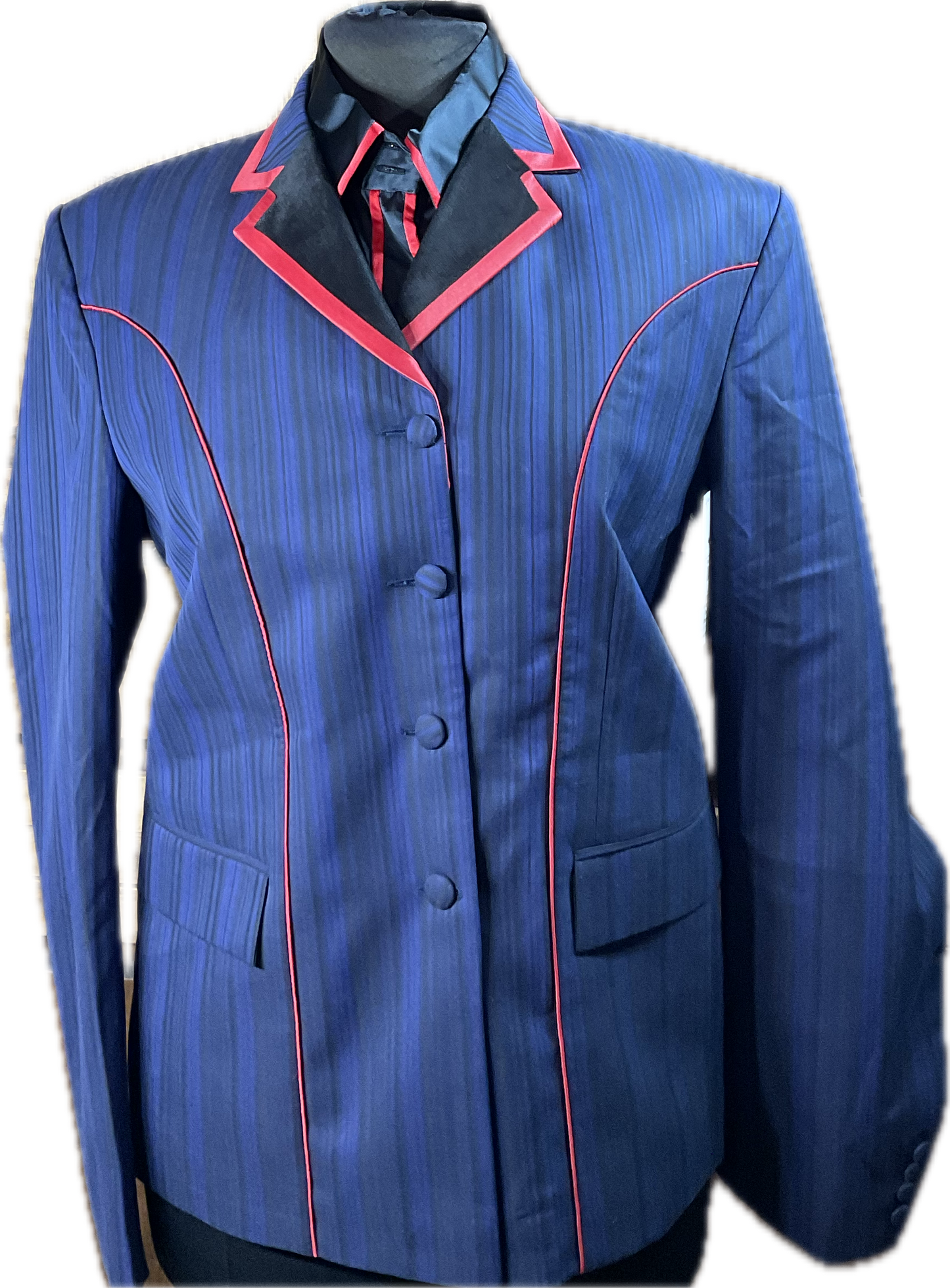 *44 Bust* Blue and black pinstripe with matching red shirt with hidden zippers