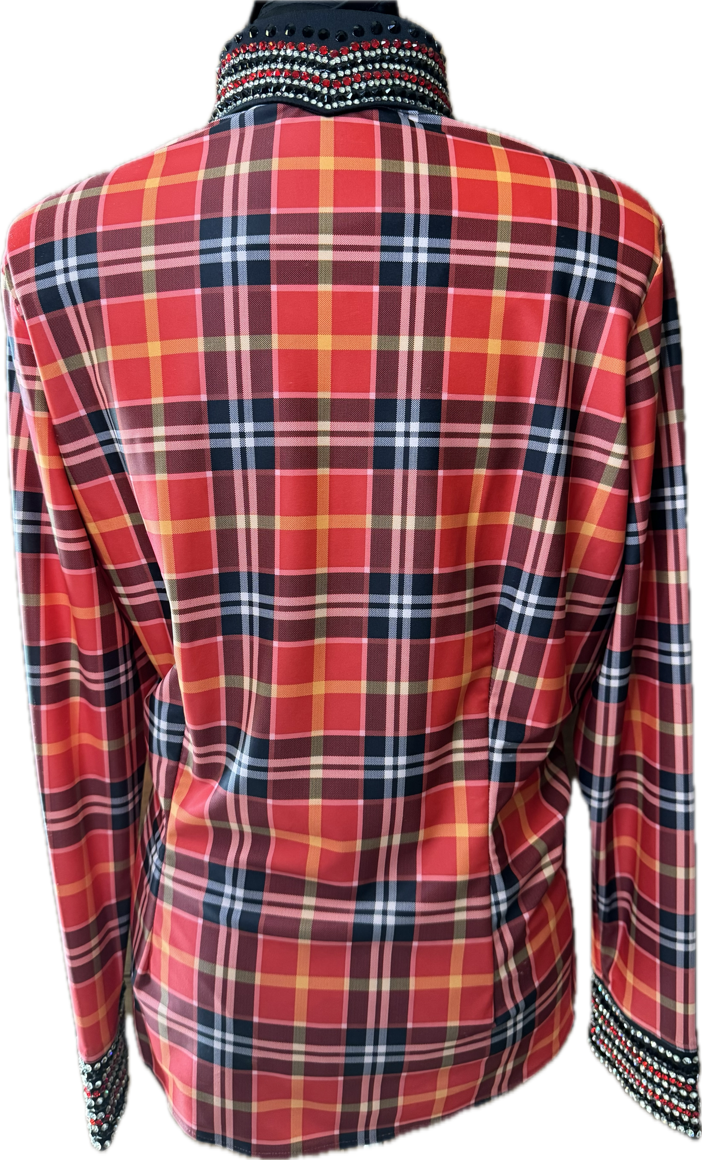 Large day shirt black and orange plaid lycra day shirt with crustal accents