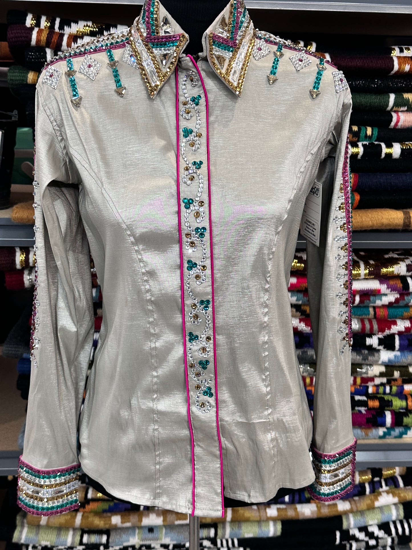 Day Shirt Size Medium silver stretch taffeta base with hidden zipper. Pink and turquoise accents