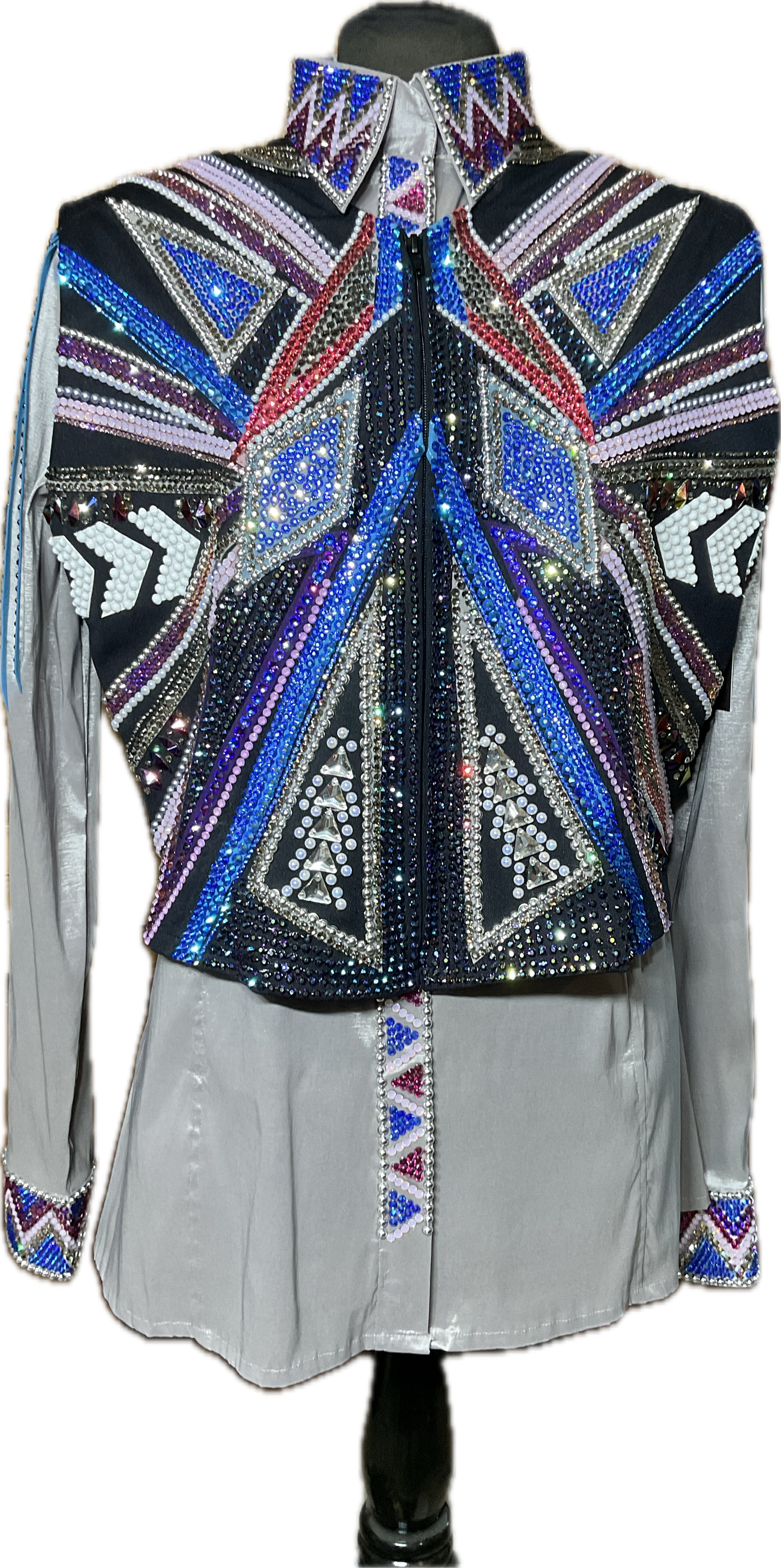 Size XXL black vest set with purples and blues. Detachable shoulder fringe and matching silver stretch taffeta day shirt