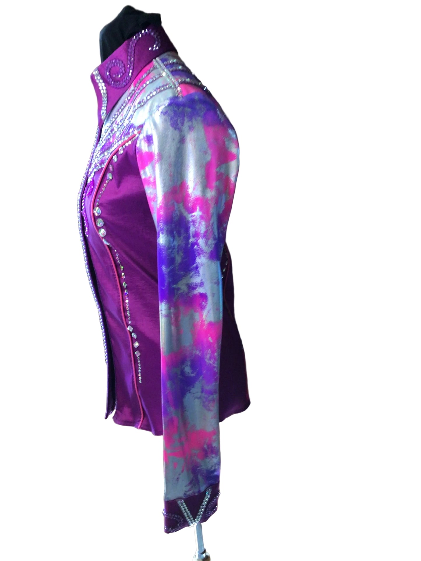 Small Dark Rose Stretch Taffeta with Pink and Purple Printed Design and Sleeves