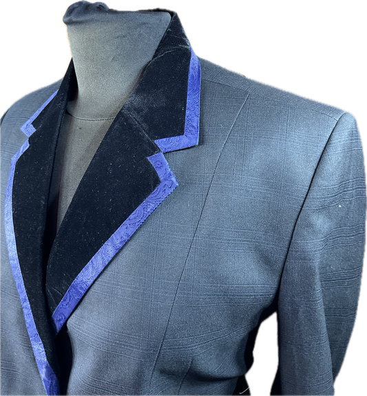 *42 Bust* Halter Coat* Charcoal grey/navy plaid with navy trims with hidden zipper behind the buttons.