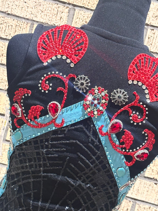 Extra Small Black vest with turquoise, grey and red design
