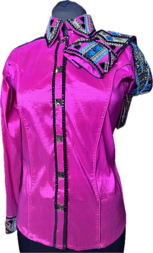 Size Large Fuchsia Stretch Taffeta with Aqua and Gold