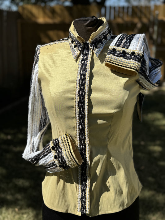 Small Gold Stretch Taffeta Day Shirt w/ Black, White & Gold Sequin Lace Sleeves