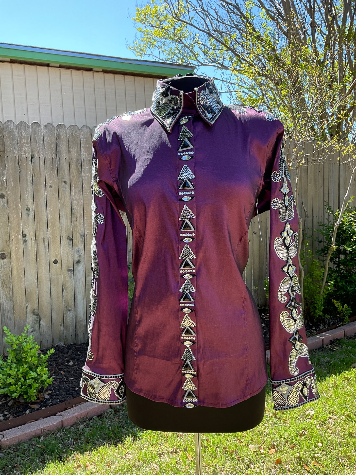 XXL Purple Day Shirt hidden zipper stretch taffeta with silver and black
