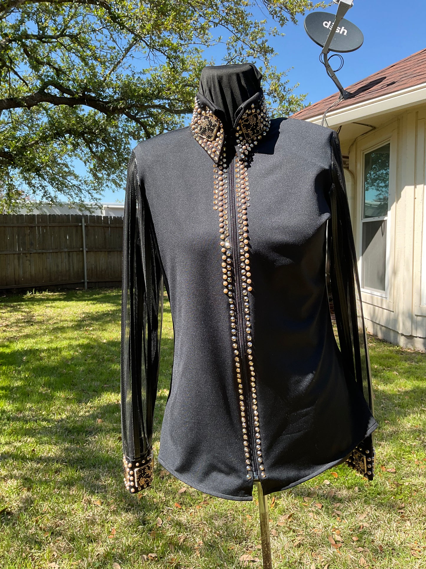 Size small day shirt Black stretch taffeta with gold accents leather lace sleeves
