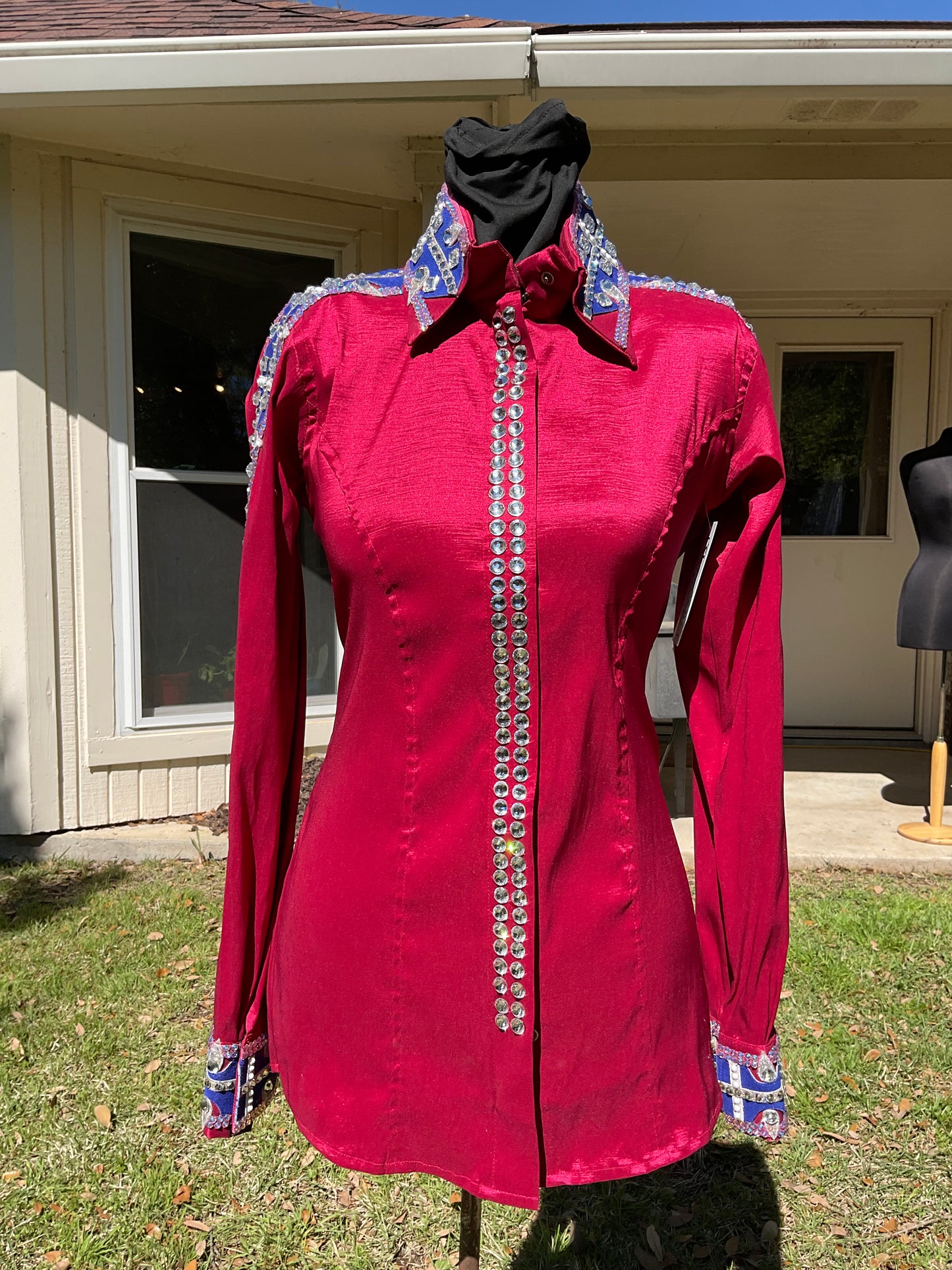 Size small day shirt raspberry stretch taffeta with royal blue, and pink accents