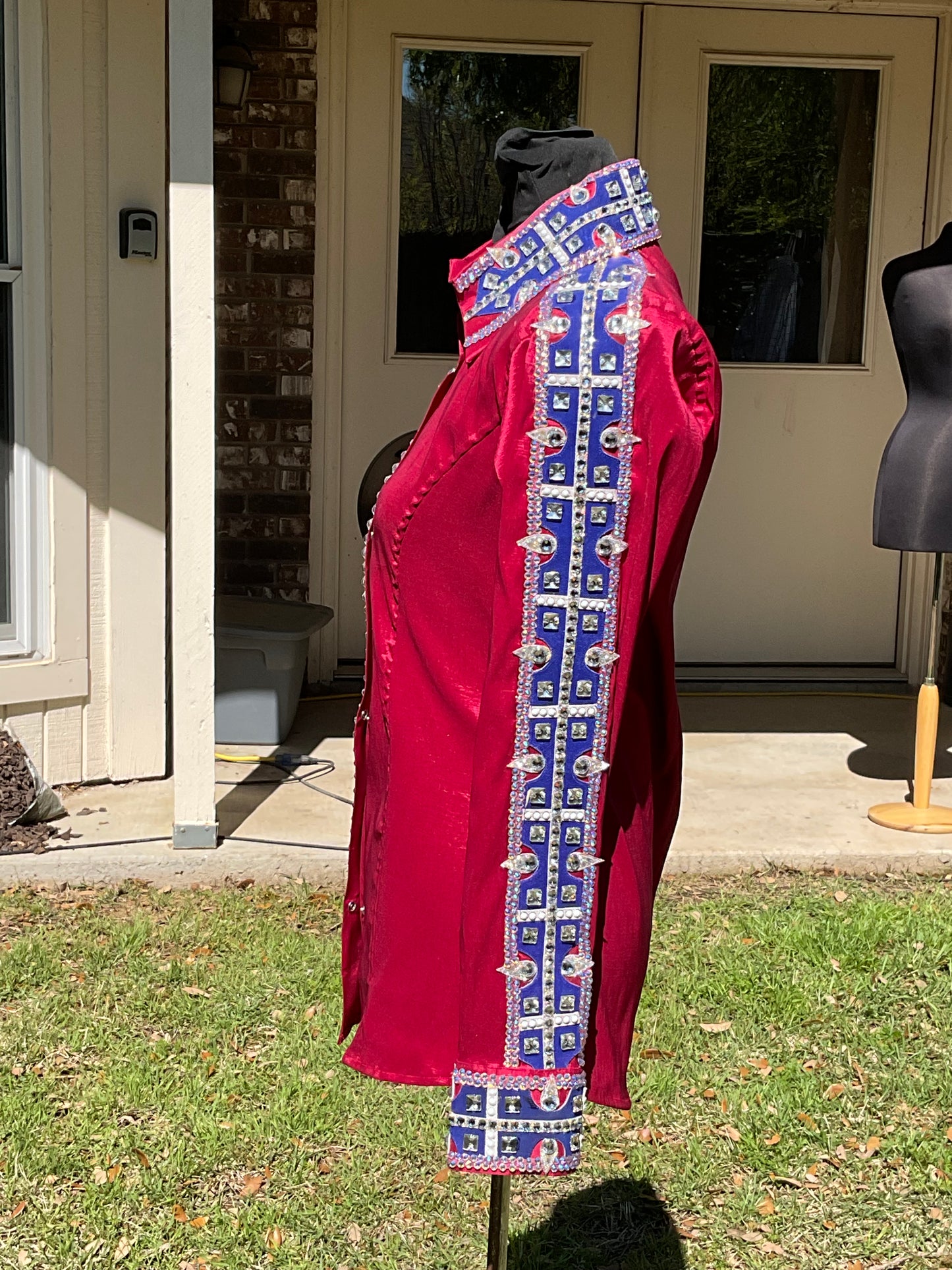 Size small day shirt raspberry stretch taffeta with royal blue, and pink accents