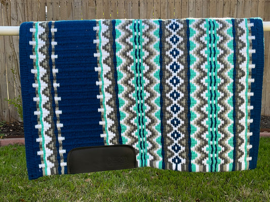 a116- Oversized Saddle blanket Turquoise, navy blue, brown and white