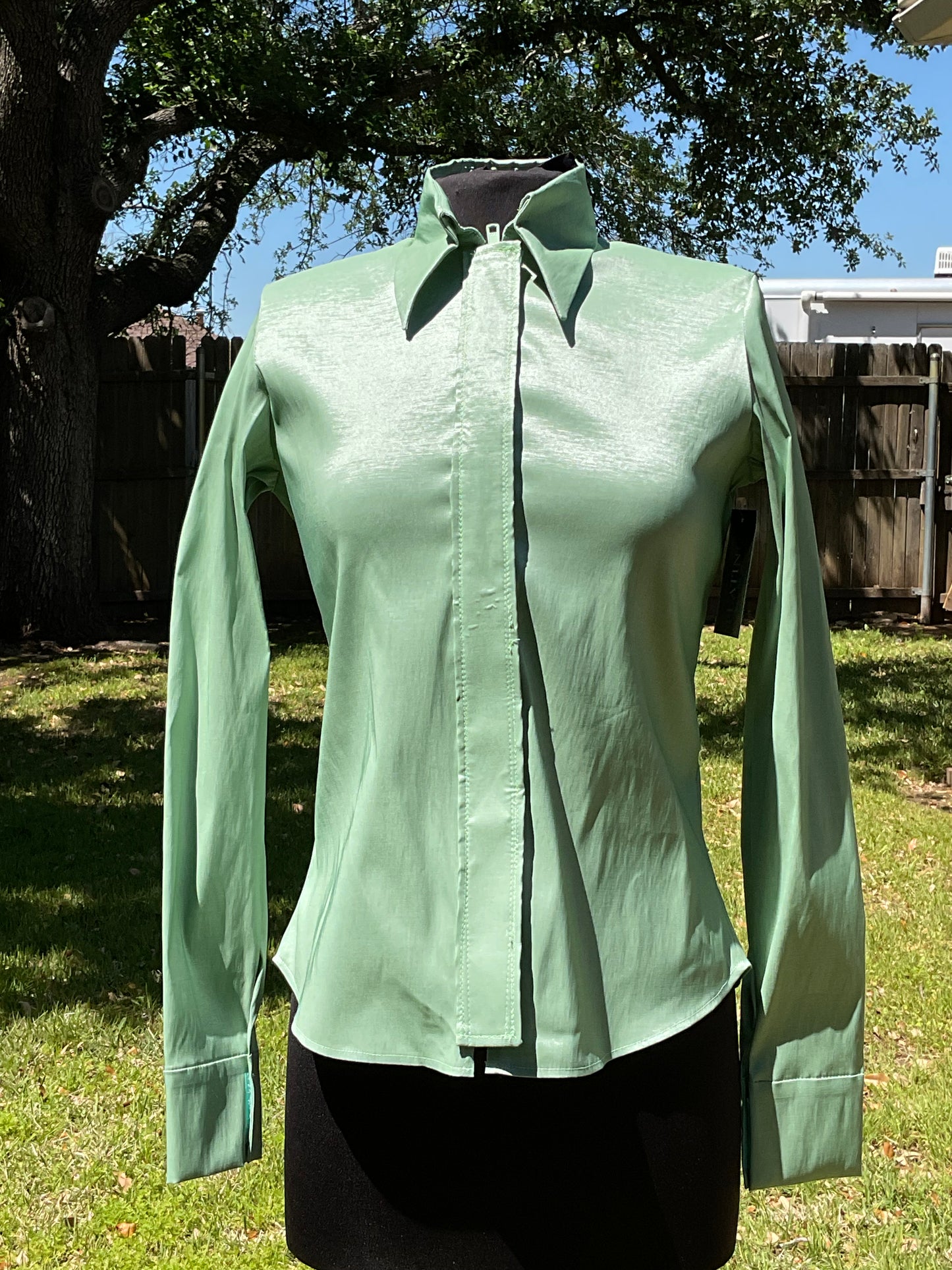 Size medium Sage Green stretch taffeta Plain Shirt Hidden Zipper